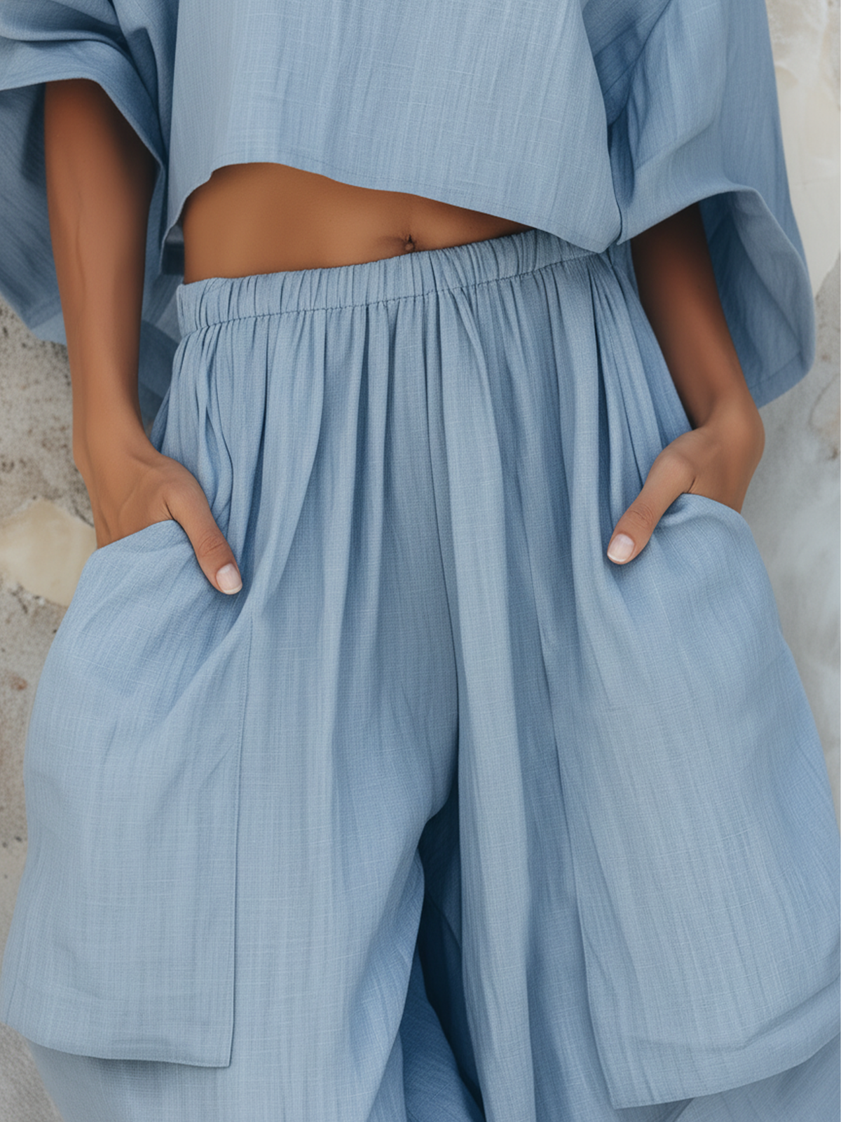 Light Blue Cotton Linen Two Piece Set with Loose Crop Top and Wide-Leg Pants