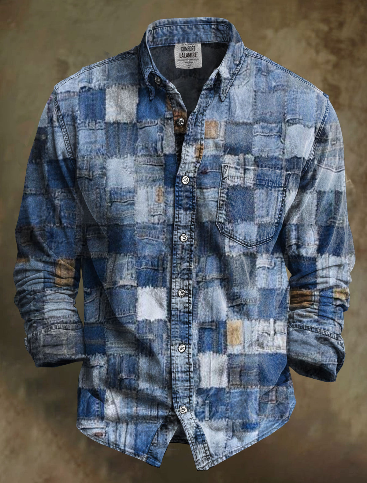 Denim Patchwork Art Print 100% Cotton Long-Sleeve Shirt