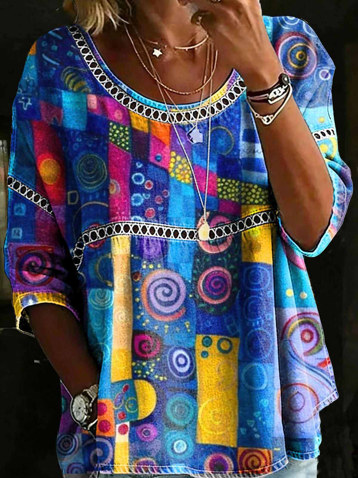 Multicolor Abstrct Casual Loose Denim Blouse Shirt