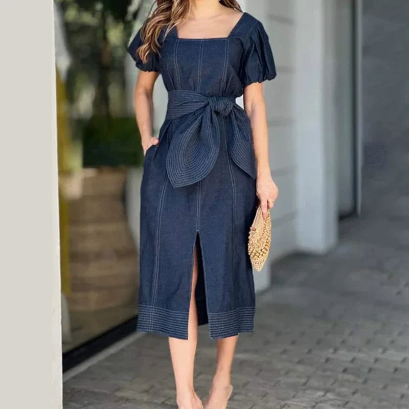 Retro Fitted Square Neck Denim Dress