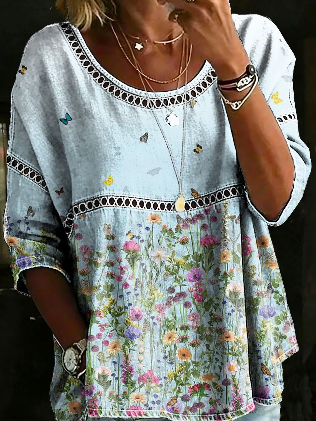 Vintage Floral Casual Loose Denim Blouse Shirt