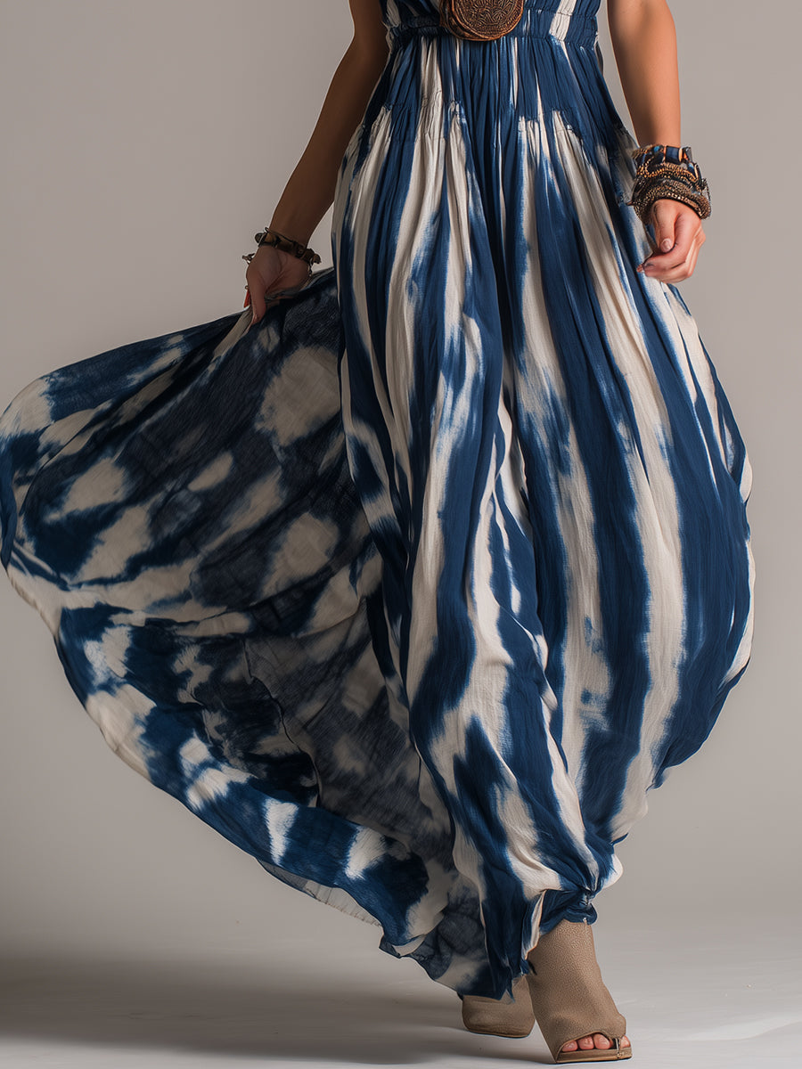 Vintage Tie-Dye Print Sleeveless Maxi Dress