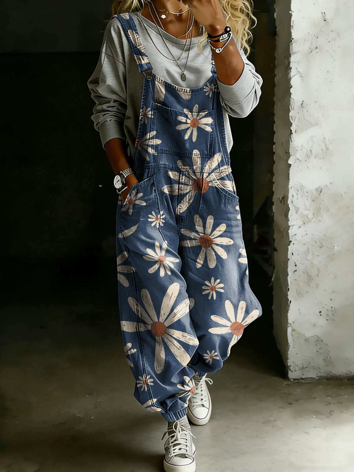 Vintage Floral Art Print Casual One Piece Denim Jumpsuit