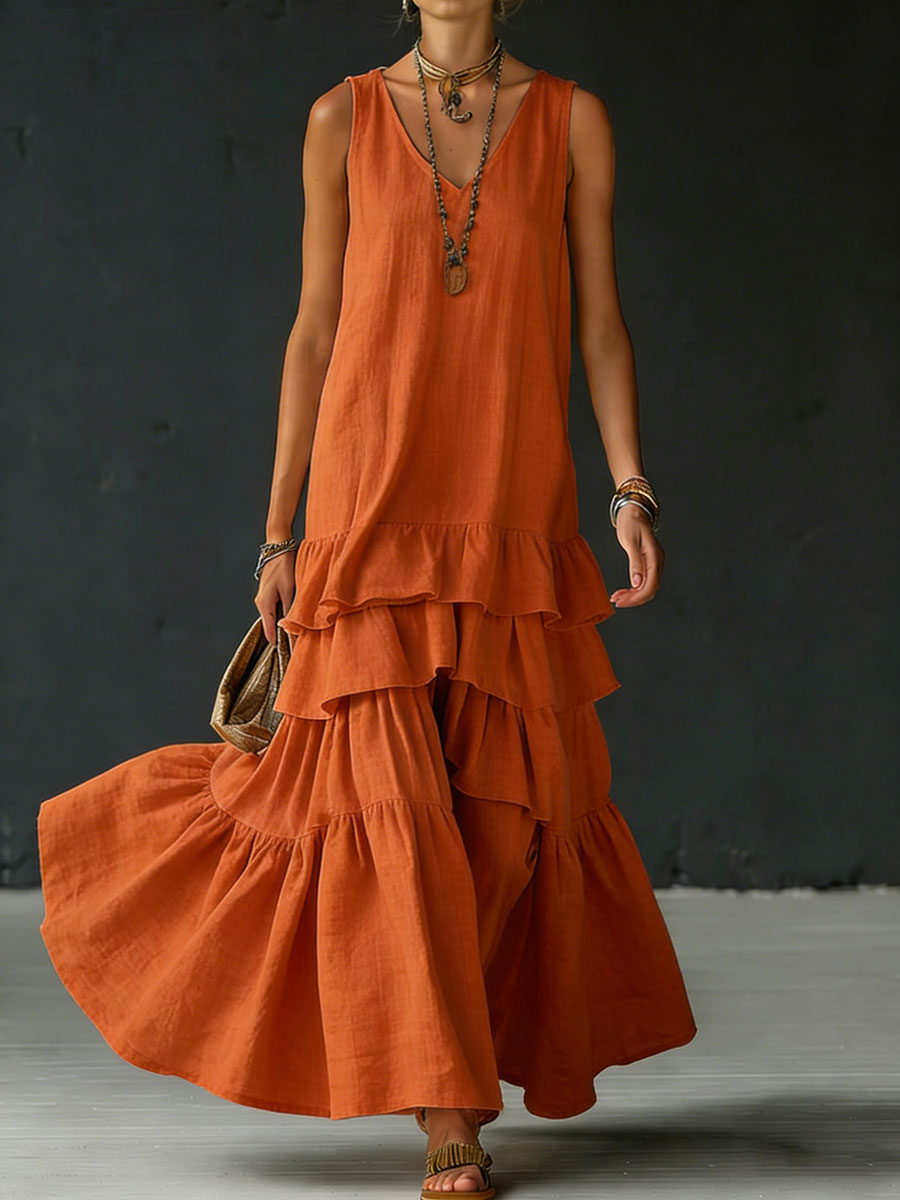 Cotton and Linen Loose-Fitting Solid Color Vest Dress