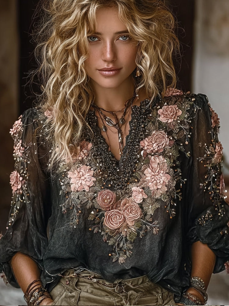 Bohemian Style Pink Rose Black Casual V-Neck Long-Sleeve Top
