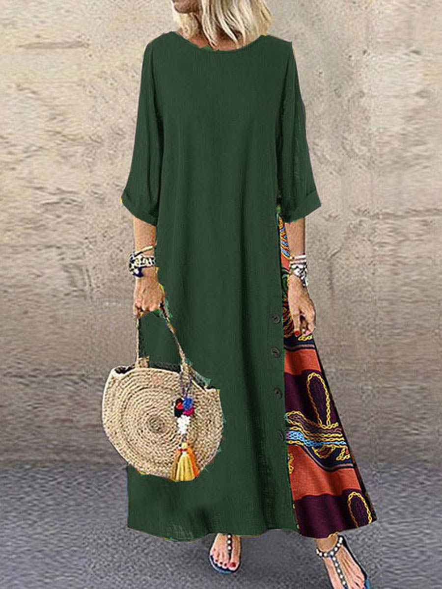 Retro Floral Contrast Button Patchwork Cotton and Linen Casual Dress