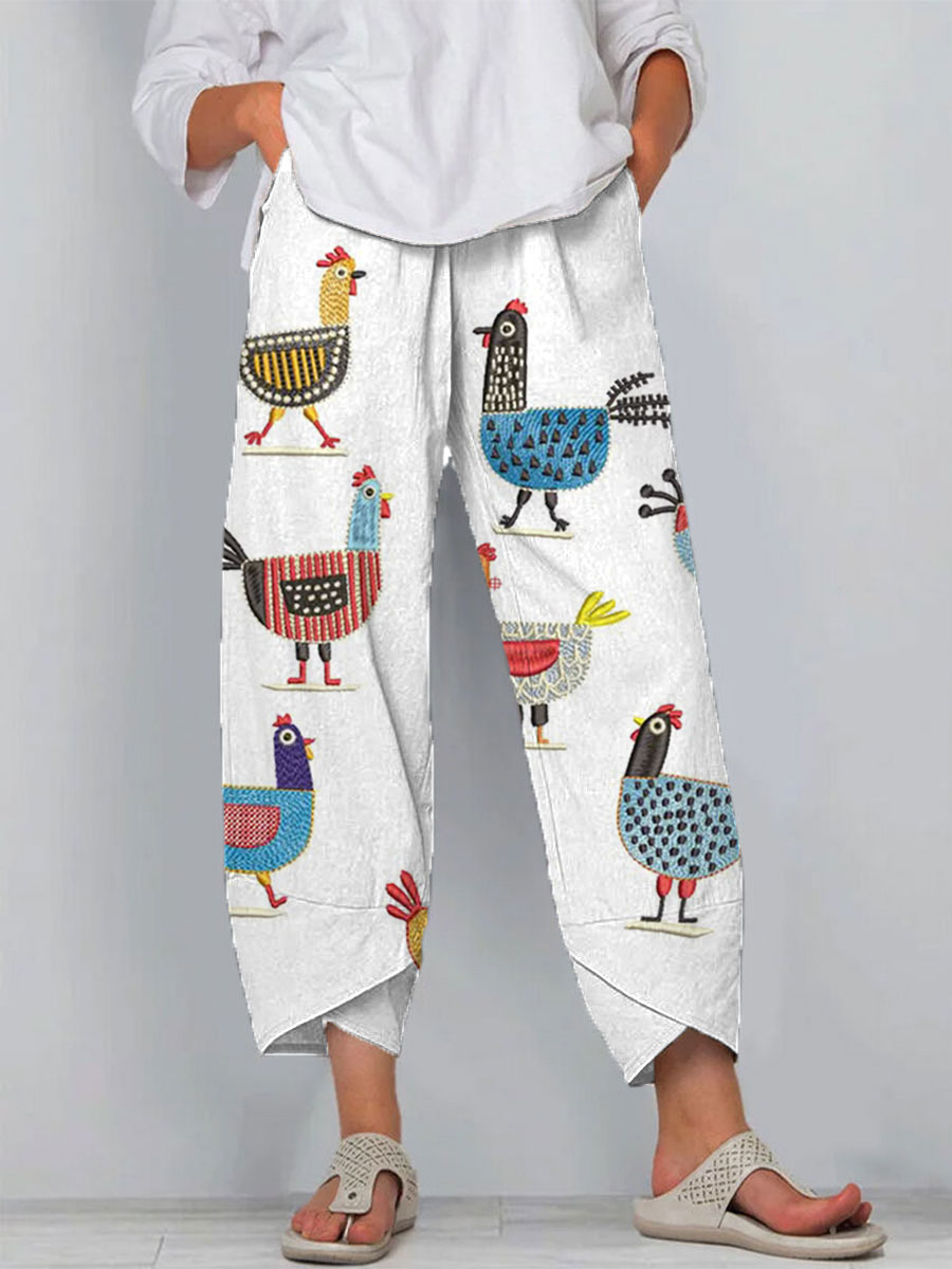 Funny Chick Art Print Casual 100% Cotton Wide-Leg Jumpsuit