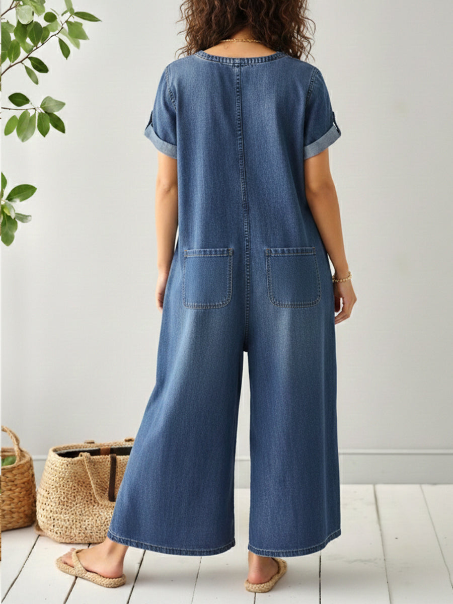 Casual Loose Short-Sleeved Denim Jumpsuit
