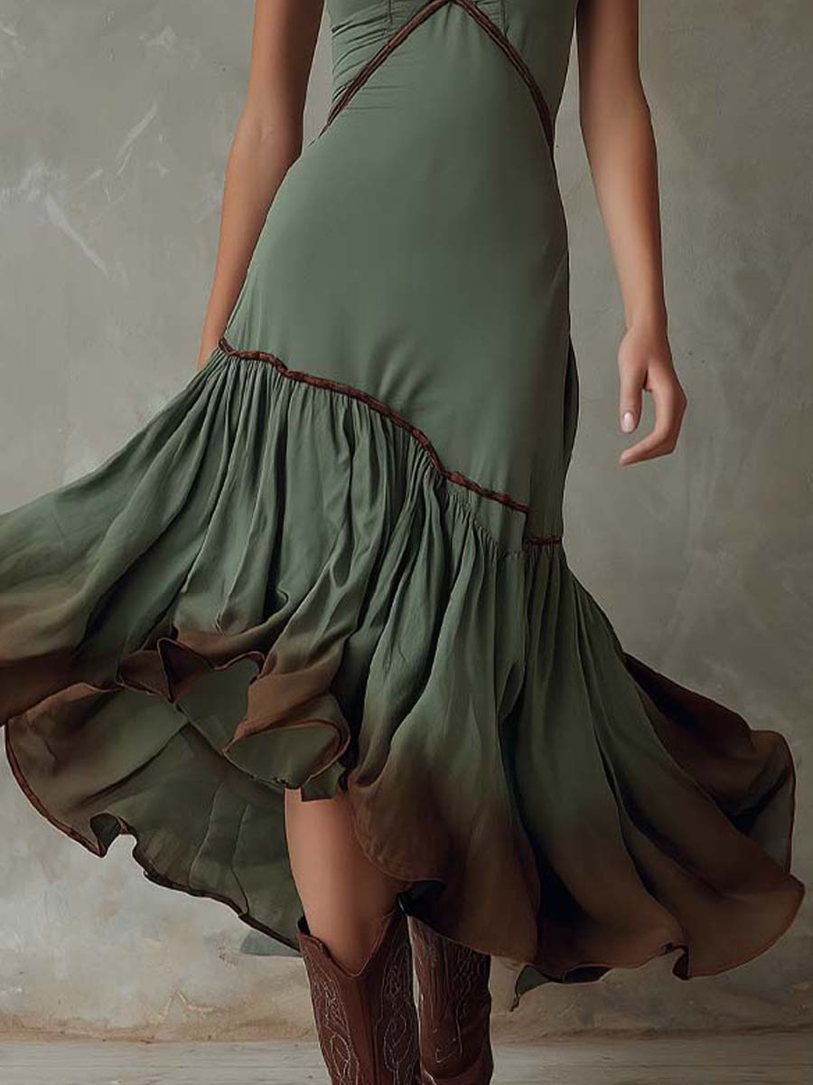 Boho Dip-Dyed Ruffled Hem Midi Dress