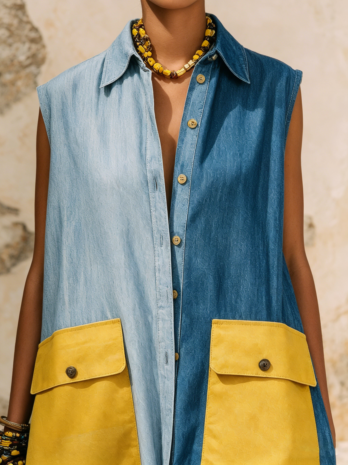 Oversized Colorblock Denim Sleeveless Maxi Shirt Dress with Statement Pockets