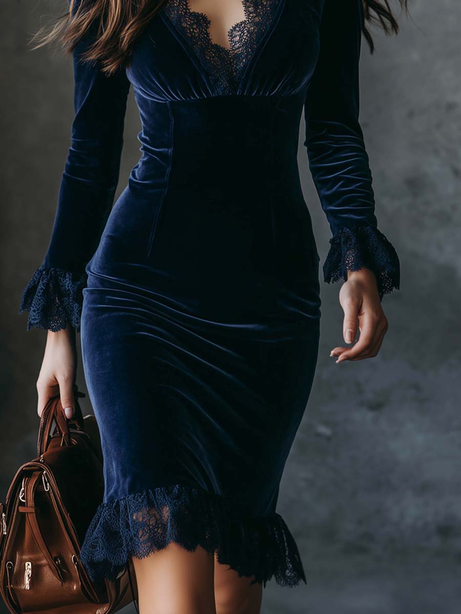 Vintage Lace Trim Polyester Velvet Mini Dress