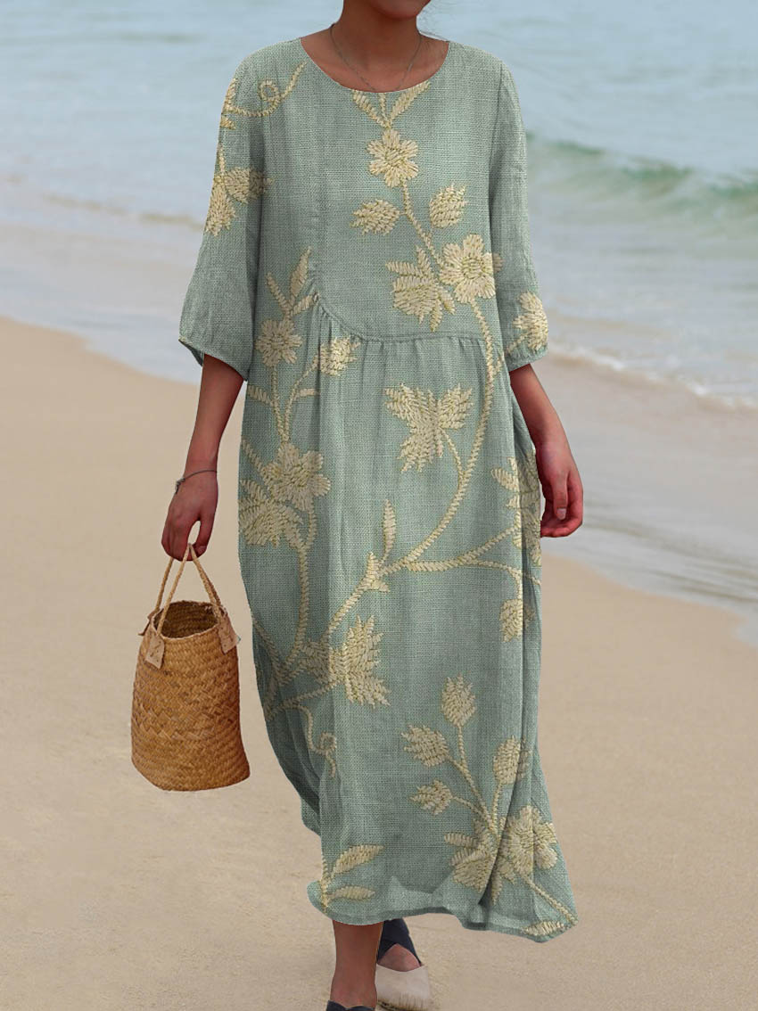 Vintage Lovely Floral Art Print Pocket Cotton Dress