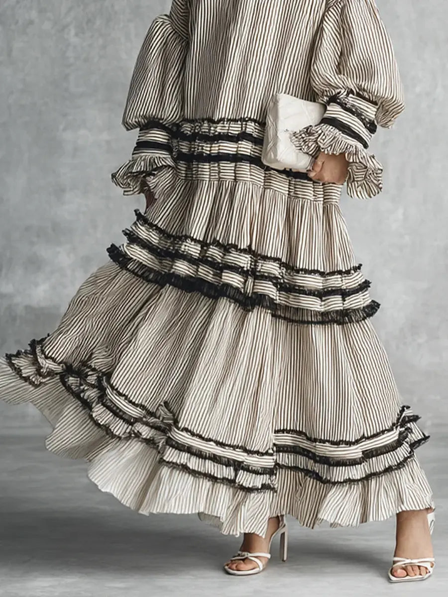 Casual Stylish Vacation Art Striped Ruffled Cotton Maxi Dress