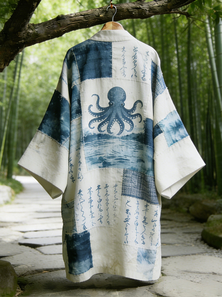 Vintage Japanese-Style Octopus Tie-Dye Patchwork Cotton Linen Kimono