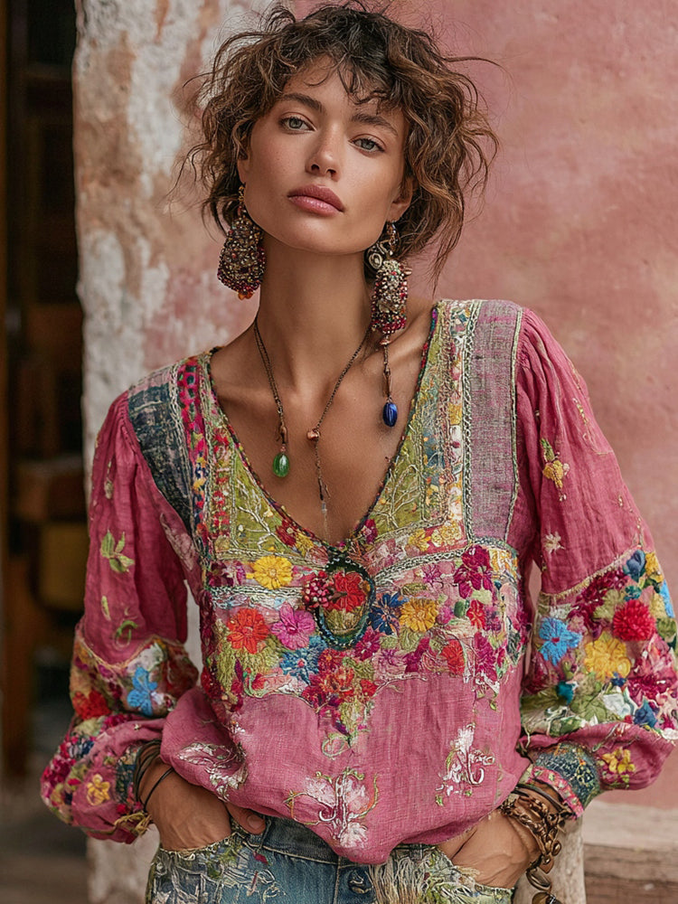 Bohemian Floral Embroidery Art Print V-Neck Long-Sleeve Linen Blend T-Shirt