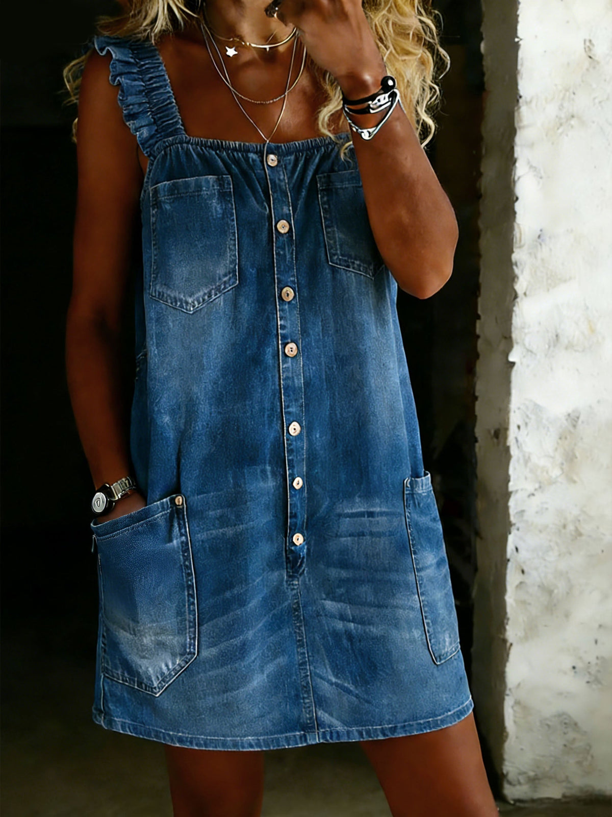 Blue Denim Button-Front Overall Dress