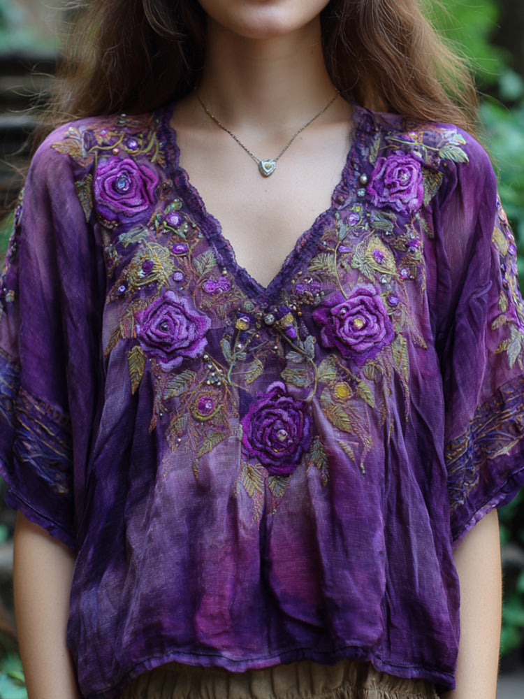 Bohemian Style Purple Tie-Dye Rose Three-Dimensional Embroidery Sequin Short-Sleeved V-Neck Top