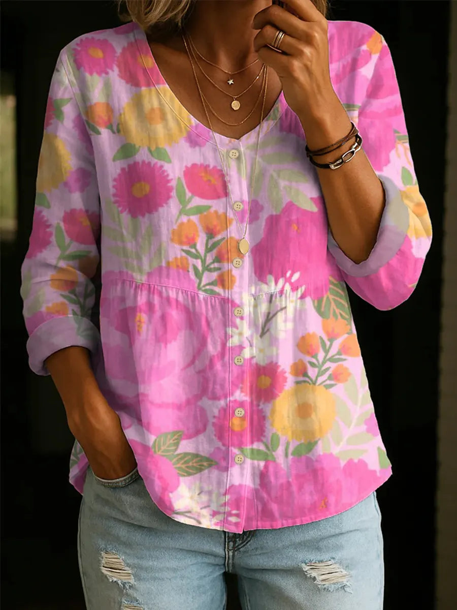 Floral Pattern Art Print Casual Cotton Shirt