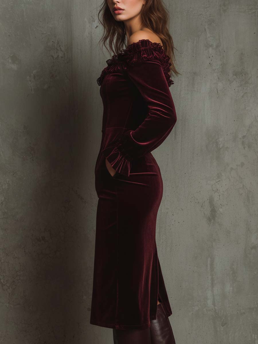 Wine Velvet Off-Shoulder Midi Dress with Lace Trim