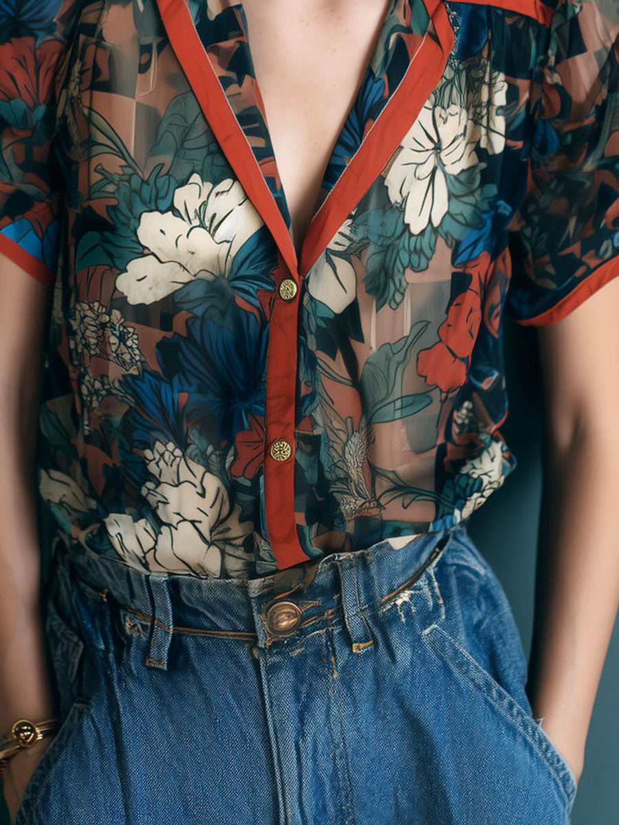 Vintage Sheer Floral Print Blouse with Contrast Trim