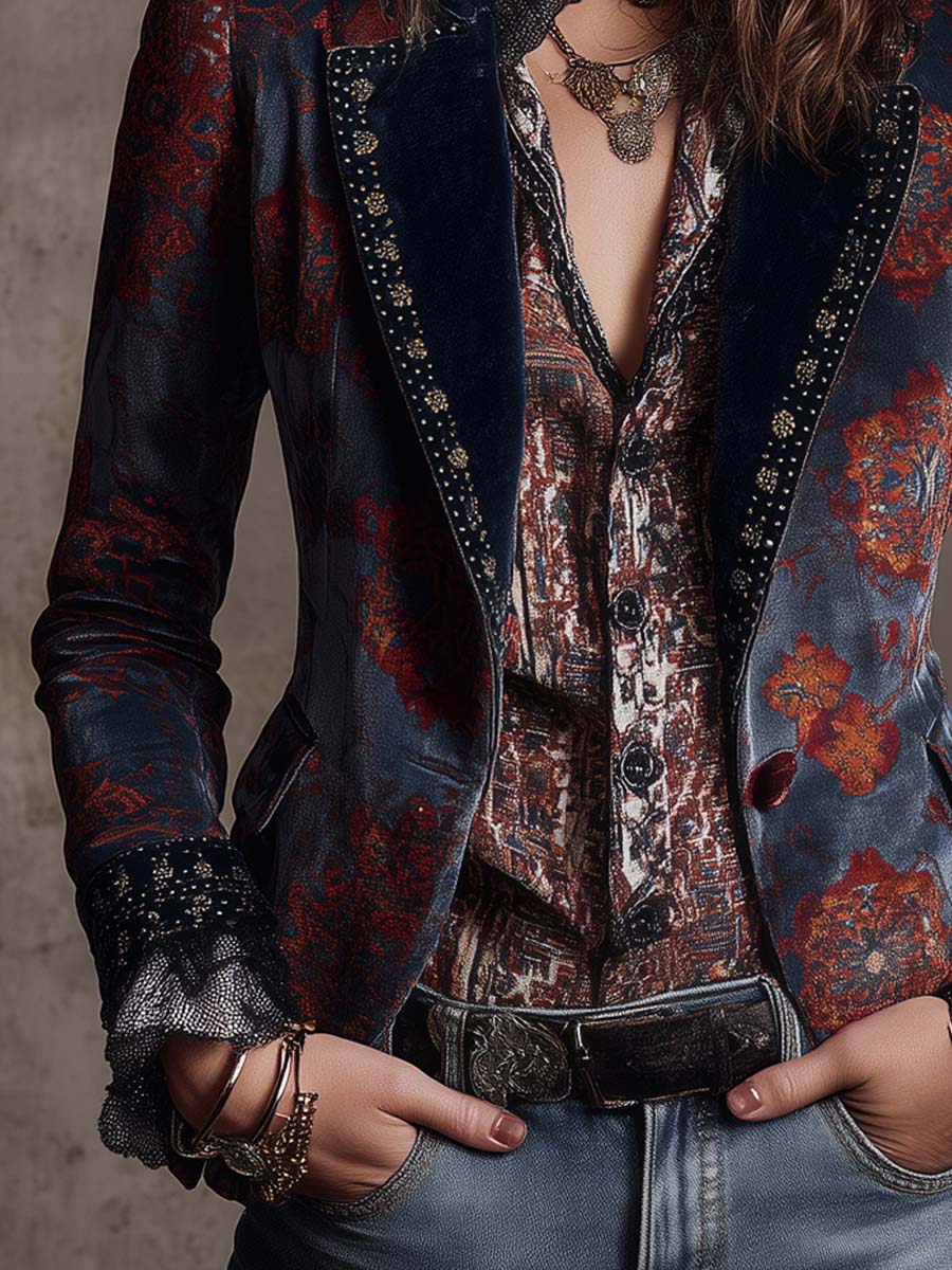 Retro Color-Blocked Ethnic Print Polyester Velvet Mid-Length Blazer