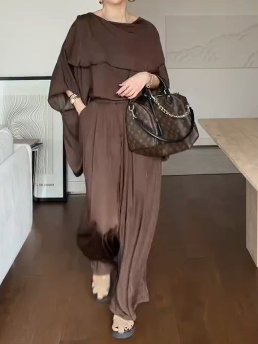 Solid-Color Round-Neck 3/4-Sleeve Loose Casual Top and High-Waisted Wide-Leg Pants Set