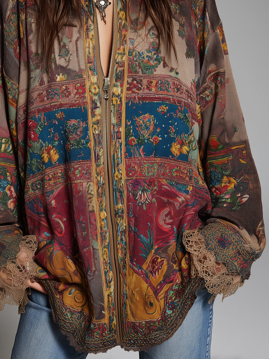 Bohemian-Style Printed Blouse with a Front Zipper and Lace Trim