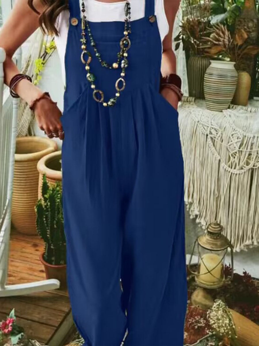 Solid Color Sleeveless Pocket Casual Linen Cotton Bib Wide-Leg Jumpsuit