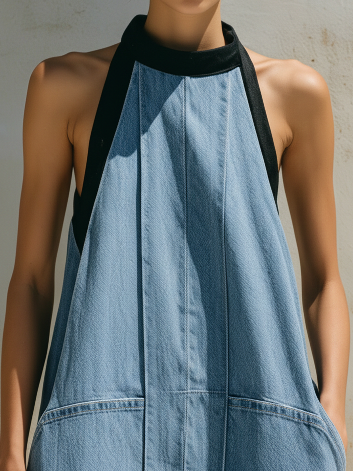 Light Wash Denim Halter Neck Maxi Dress with Black Trim