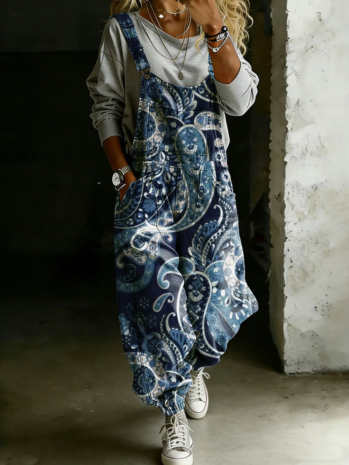 Vintage Blue Paisley Art Print Casual One Piece Denim Jumpsuit