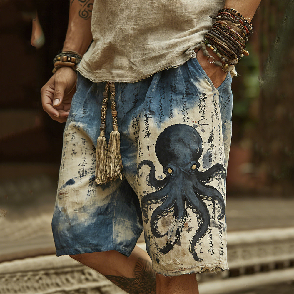 Vintage Japanese Art Octopus Tie-Dye Shorts