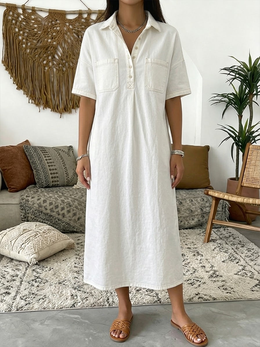 Casual Short-Sleeved Polo Collar Denim Dress