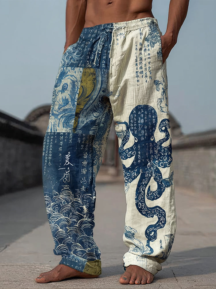 Japanese-Style Octopus Calligraphy Shibori Patchwork Distressed Cotton Linen Pants