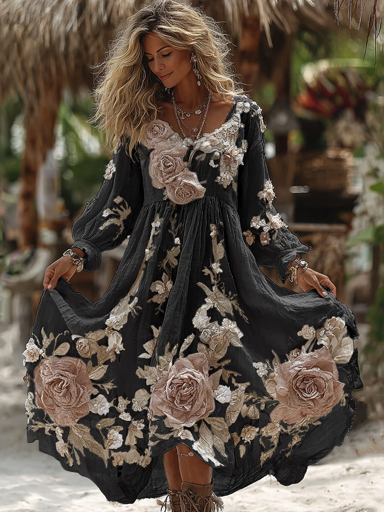 Vintage Romantic White Rose Embroidery Art Comfy Linen Maxi Dress