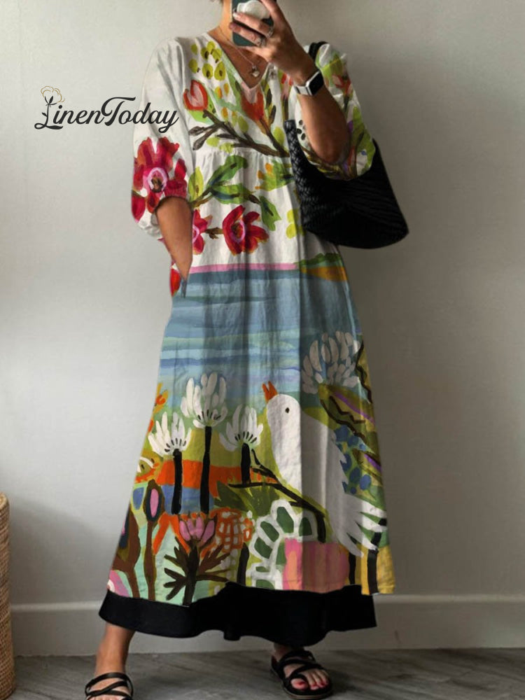 Lovely Floral Bird Art Print Pocket V-Neck Cotton Dress