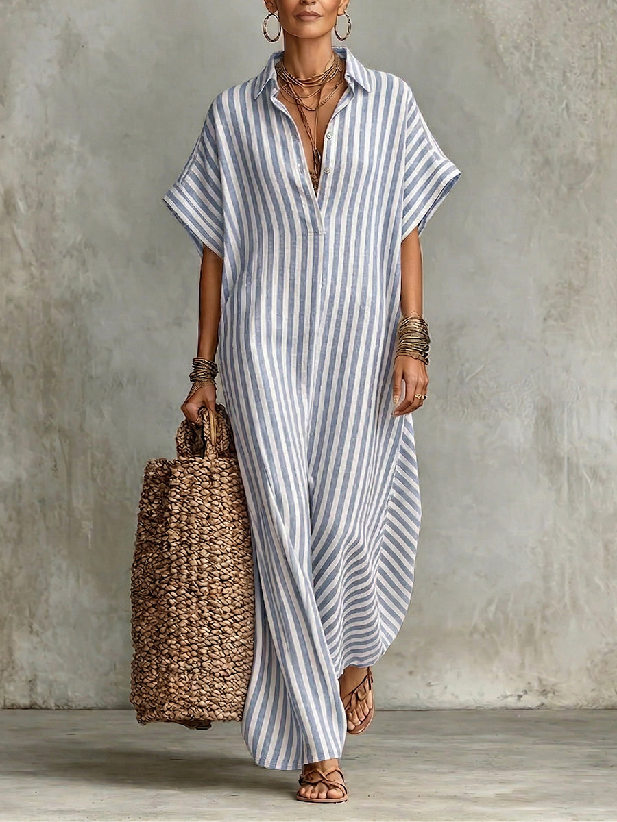 Cozy Classic Striped Cotton-Linen Maxi Dress