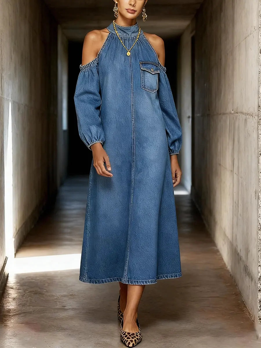 Casual Denim Off-Shoulder Dress