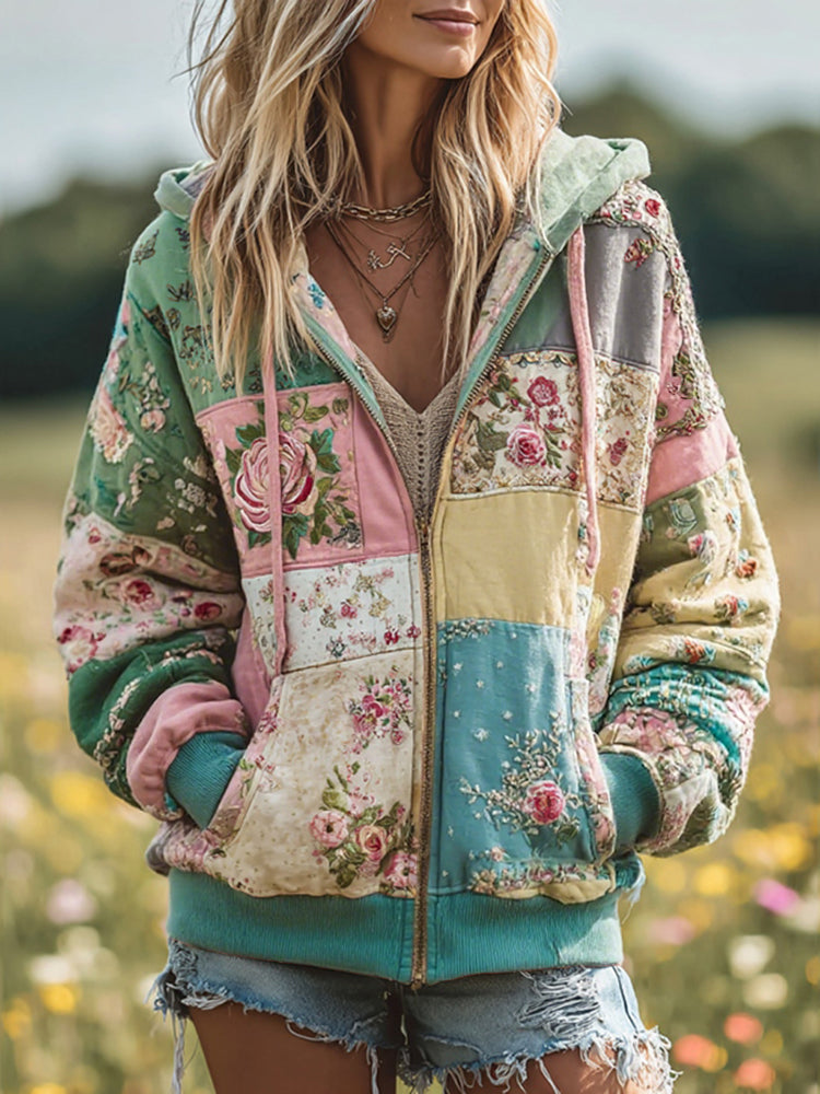 Vintage Floral Patchwork Cozy Warm Zipper Hoodie