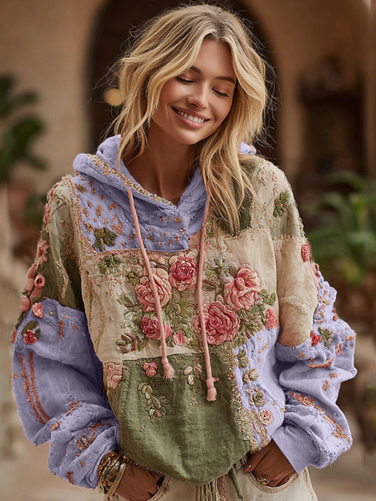 Rose Embroidery Patchwork Art Hooded Sweatshirt