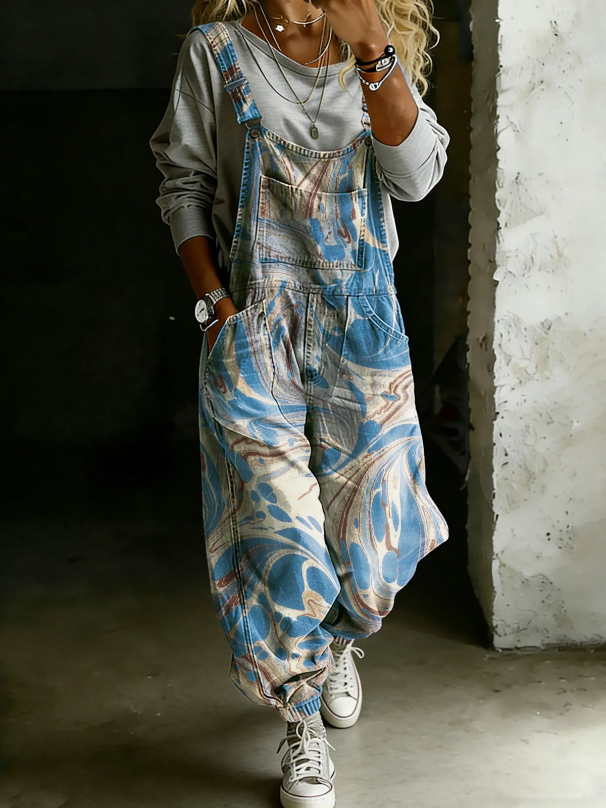 Vintage Abstract Psychedelic Art Print Casual One Piece Denim Jumpsuit