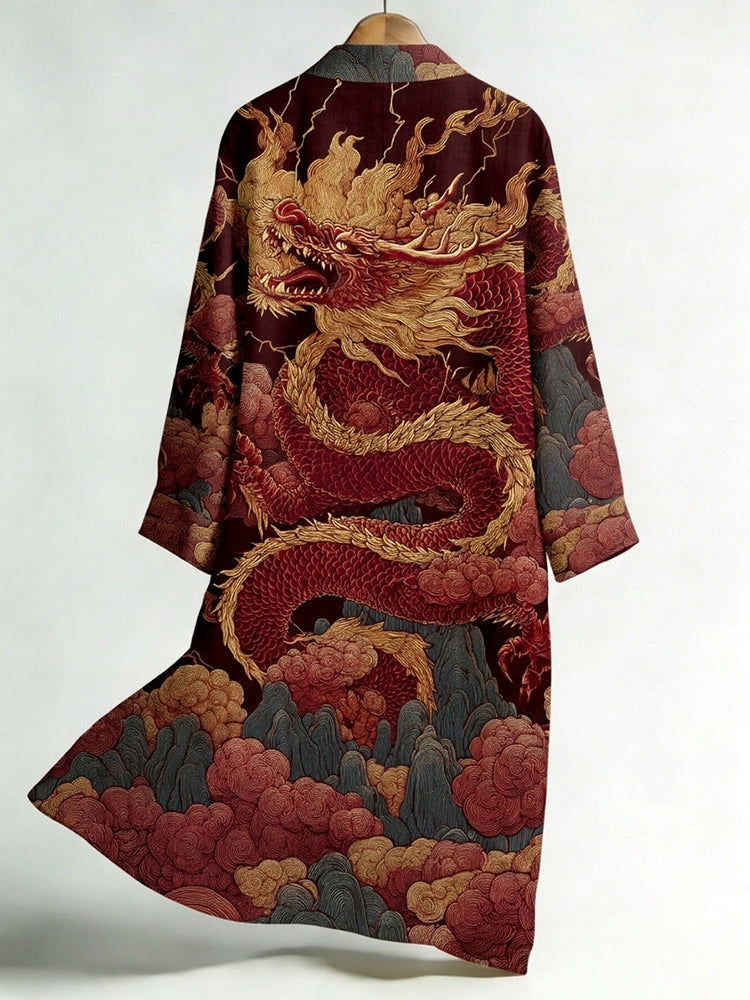 Men's Japanese Dragon Art Print Linen Long Kimono