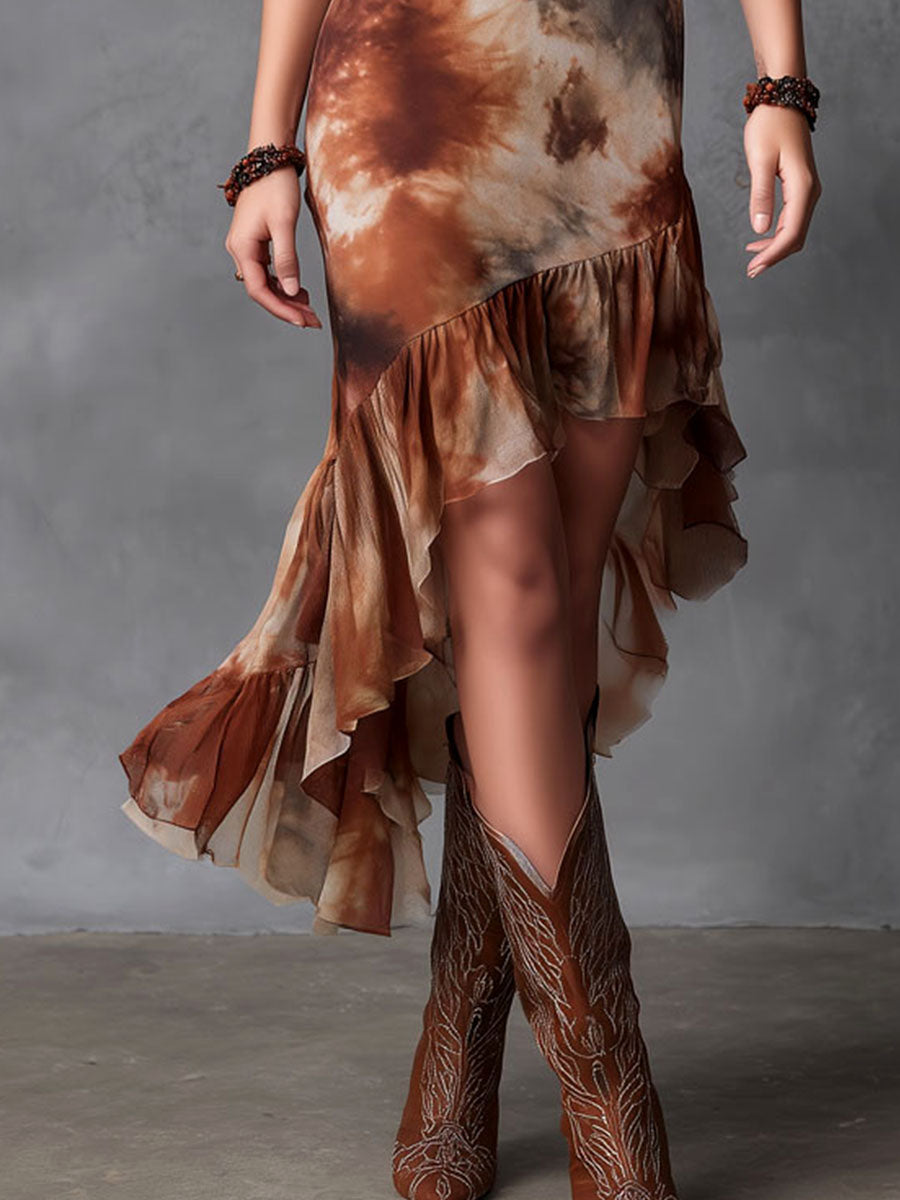 Boho Western Rust Tie-Dye Mesh Midi Dress