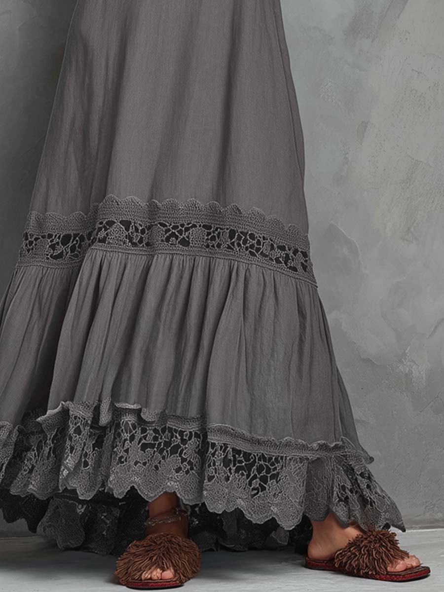 Vintage Lace-Trimmed Cotton and Linen Maxi Dress