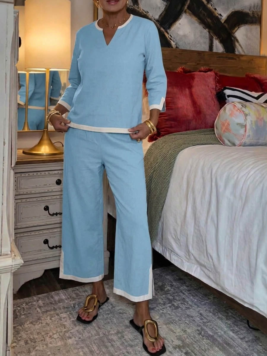 Casual Cotton Set: Loose-Fit V-Neck 3/4-Sleeve Top and High-Waisted Wide-Leg Pants