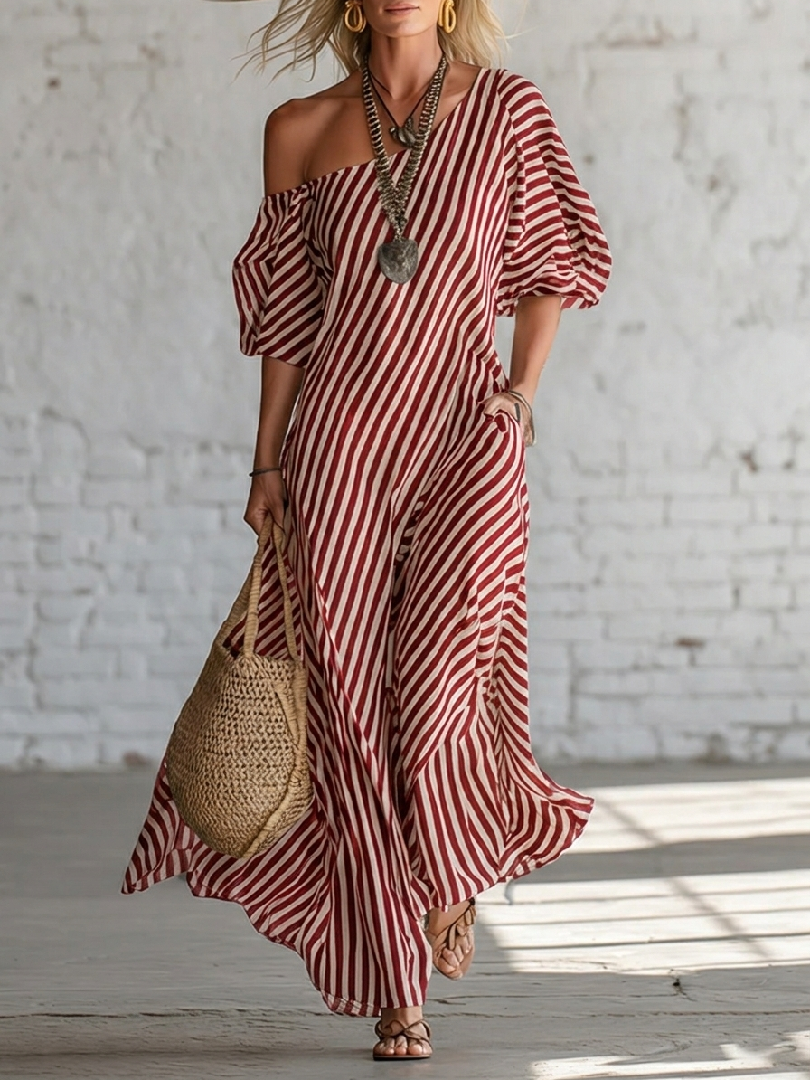 Elegant and Classic Striped Off-Shoulder Maxi Dress