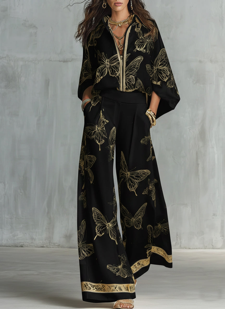 Casual Elegant Gold Butterfly Print Loose Two-Piece Set