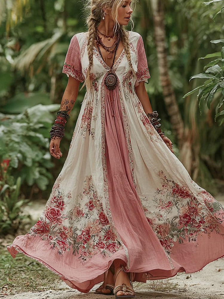 Vintage Rose Floral Pattern V-Neck Dress