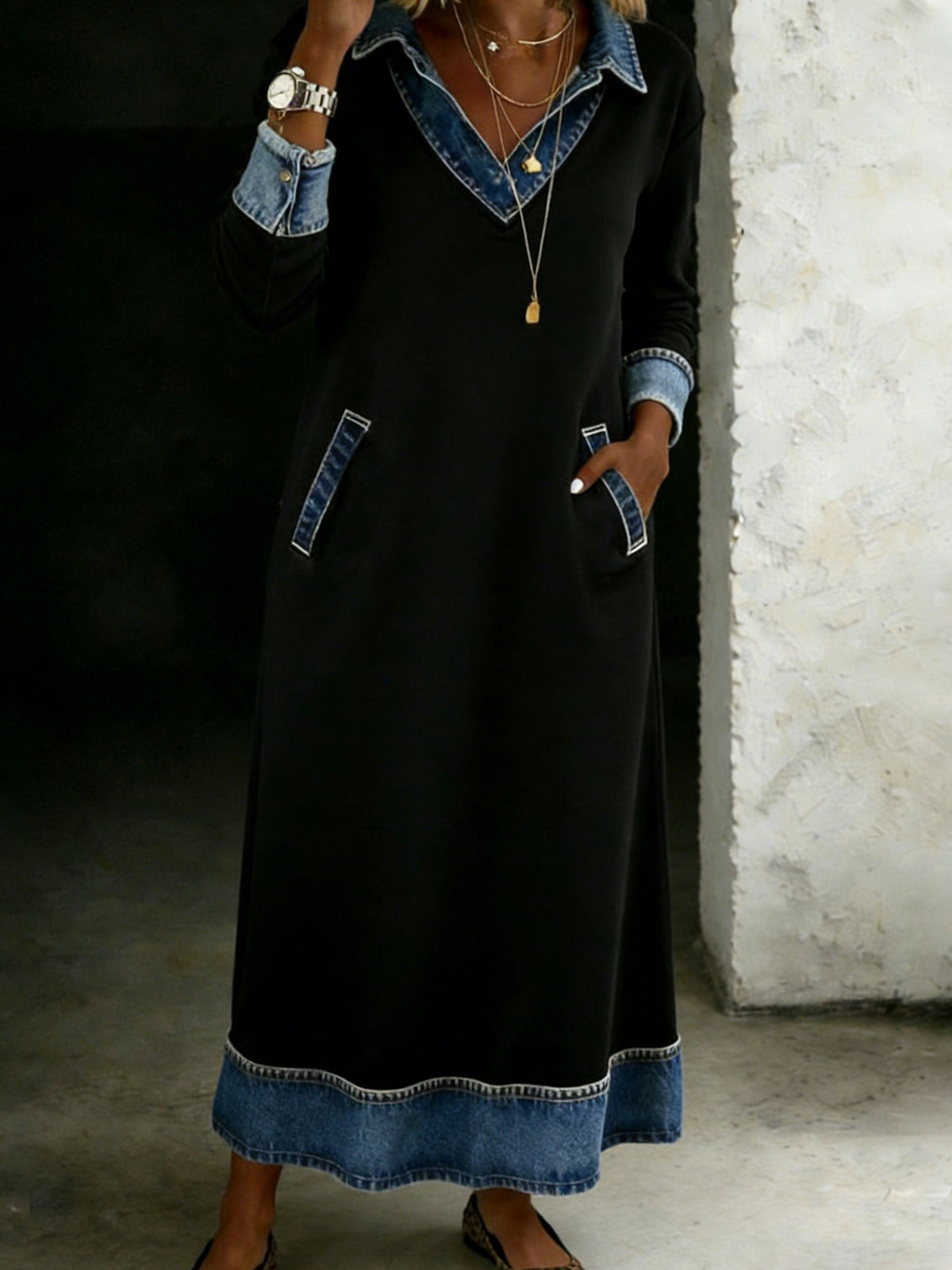 Casual Stylish Denim Patchwork Contrast Colors Shirt Dress