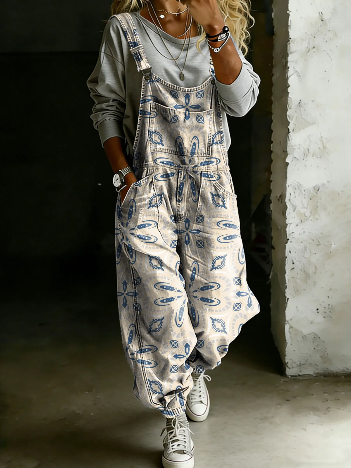 Vintage Ethnic Floral Art Print Casual One Piece Denim Jumpsuit