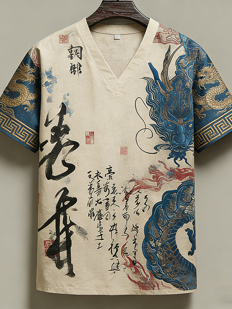 Men's Calligraphy with Dragon Art Print Short-Sleeve Shirt